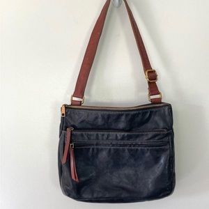 Fossil Leather Shoulder Bag Black Brown Multiple Pockets Adjustable Strap
